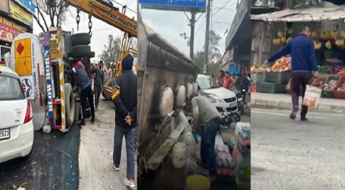 ਰੋਪੜ : ਡੀਜ਼ਲ ਨਾਲ ਭਰਿਆ ਪਲਟਿਆ ਟੈਂਕਰ, ਸਵਾਰਾਂ ਨੂੰ ਹਸਪਤਾਲ ਲਿਜਾਣ ਦੀ ਬਜਾਏ ਬਾਲਟੀਆਂ-ਕੈਨੀਆਂ ਭਰ ਕੇ ਤੇਲ ਲੈ ਗਏ ਲੋਕ