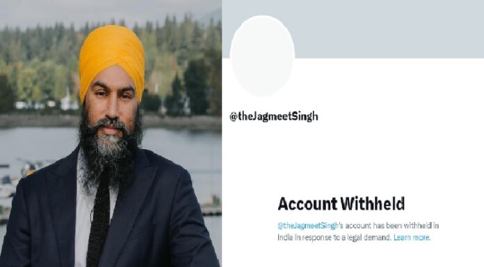 ਕੈਨੇਡਾ ਵਾਸੀ ਜਗਮੀਤ ਸਿੰਘ ਦਾ ਟਵਿਟਰ ਅਕਾਊਂਟ ਭਾਰਤ ‘ਚ ਹੋਇਆ ਬੰਦ