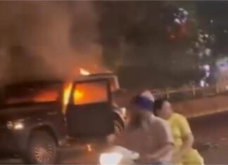 ਜਲੰਧਰ ਦੇ ਚੀਕ ਚਿੱਕ ਚੌਂਕ ਨੇੜੇ ਥਾਰ ਨੂੰ ਲੱਗੀ ਅੱਗ, ਸੜਕ ਕੇ ਹੋਈ ਸੁਆਹ