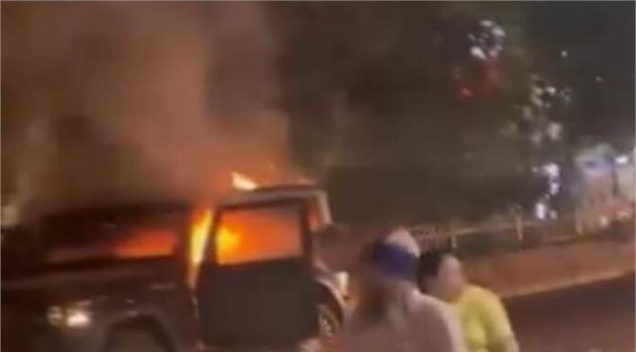 ਜਲੰਧਰ ਦੇ ਚੀਕ ਚਿੱਕ ਚੌਂਕ ਨੇੜੇ ਥਾਰ ਨੂੰ ਲੱਗੀ ਅੱਗ, ਸੜਕ ਕੇ ਹੋਈ ਸੁਆਹ