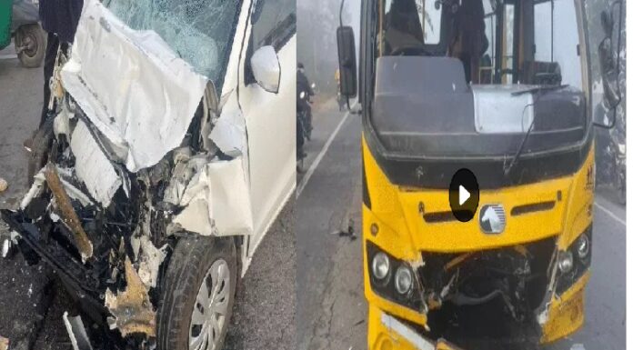 ਬੱਚਿਆਂ ਨਾਲ ਭਰੀ ਸਕੂਲ ਬੱਸ ਤੇ ਕਾਰ ਦੀ ਟੱਕਰ, ਦੋਵਾਂ ਦੇ ਡਰਾਈਵਰ ਜ਼ਖਮੀ, ਮਸਾਂ ਹੋਇਆ ਬੱਚਿਆਂ ਦਾ ਬਚਾਅ